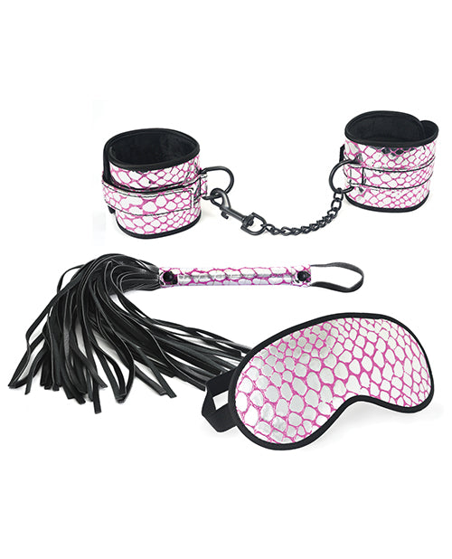 Spartacus Faux Leather Wrist Restraints Blindfold &amp; Flogger Bondage Kit - Pink