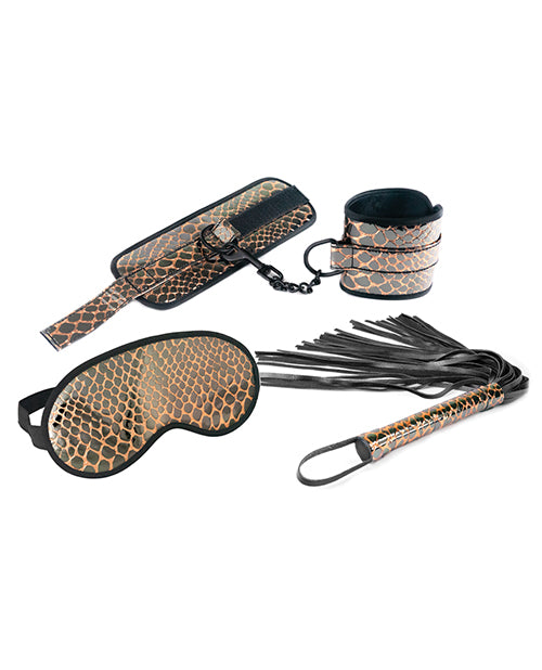 Spartacus Faux Leather Wrist Restraints Blindfold &amp; Flogger Bondage Kit - Gold