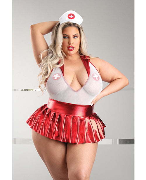 Play Pulse Check Collared Teddy w/Open Back, Pleated Skirt, Medic Hat Pasties Red/White 3X/4X