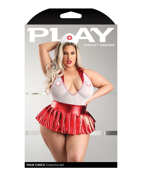 Play Pulse Check Collared Teddy w/Open Back, Pleated Skirt, Medic Hat Pasties Red/White 1X/2X