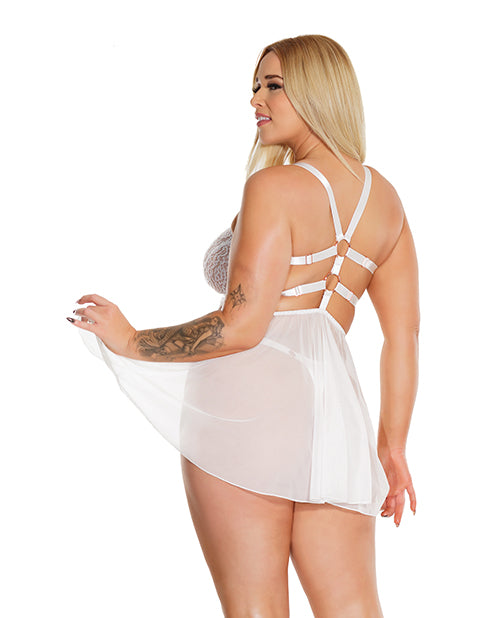 Black Label Net &amp; Scallop Lace Babydoll w/Side Slit &amp; Thong White OS/XL