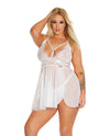 Black Label Net &amp; Scallop Lace Babydoll w/Side Slit &amp; Thong White OS/XL
