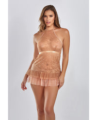 Amber Halter Lace Babydoll w/Tiered Pleated Mesh Skirt Hem &amp; G-String Brown SM