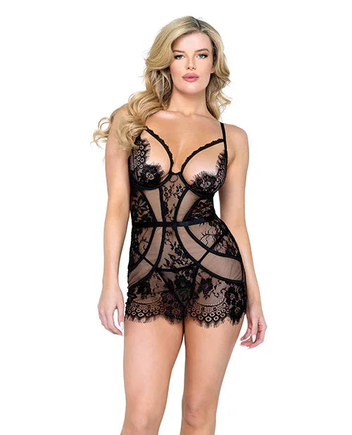 Femme Fatale Scalloped Eyelash Lace &amp; Mesh  Chemise &amp; Thong Black SM