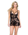 Femme Fatale Scalloped Eyelash Lace &amp; Mesh  Chemise &amp; Thong Black MD