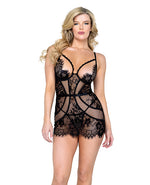Femme Fatale Scalloped Eyelash Lace &amp; Mesh  Chemise &amp; Thong Black MD