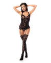 Floral Fishnet Bodice w/Attached Garters &amp; Thigh High Stockings Black O/S