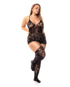 Floral Fishnet Bodice w/Attached Garters &amp; Thigh High Stockings Black QN