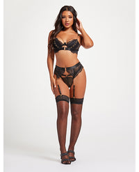 Scalloped Lace Bra w/Gold Chain, Garter Belt &amp; Thong Black MD
