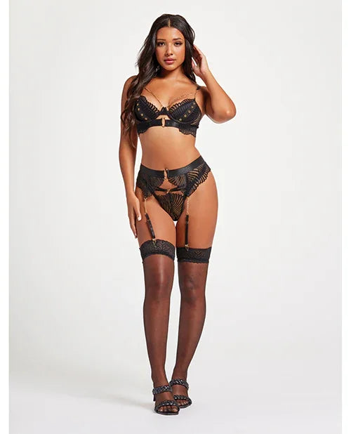 Scalloped Lace Bra w/Gold Chain, Garter Belt &amp; Thong Black LG