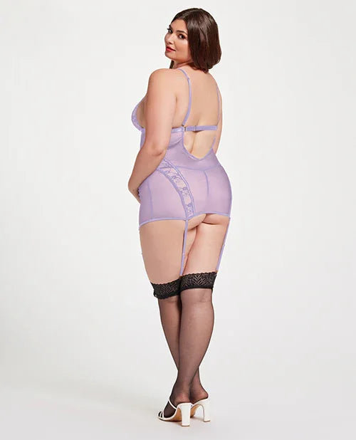 Lace &amp; Mesh Triangle Cup Chemise w/Garters &amp; Thong Lavender 3X/4X
