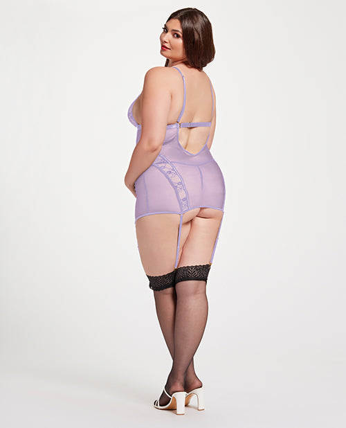 Lace &amp; Mesh Triangle Cup Chemise w/Garters &amp; Thong Lavender 3X/4X
