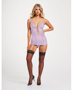 Lace &amp; Mesh Triangle Cup Chemise w/Garters &amp; Thong Lavender MD