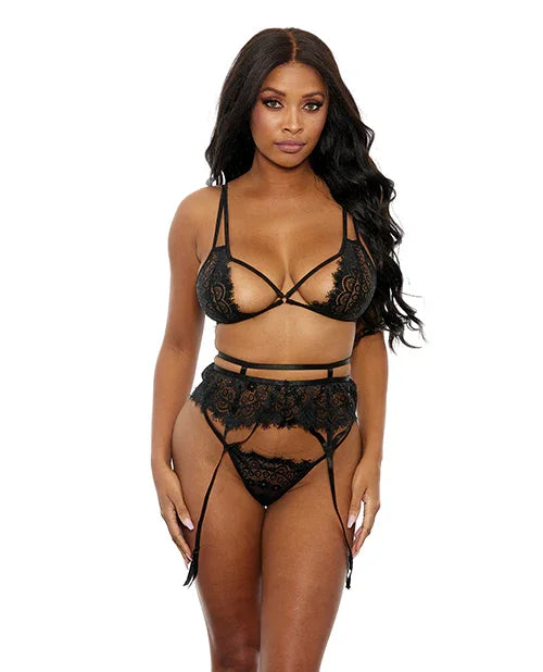 Eyelash Lace Bra, High Waist Garter Belt &amp; G-String Black LG
