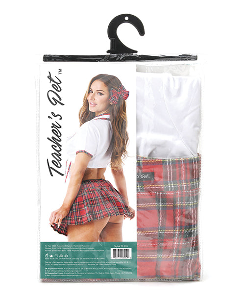 Teacher&#039;s Pet Ms Honor Student School Girl Tie Top, Pleated Skirt, Neck Tie &amp; Hair Bow Red O/S