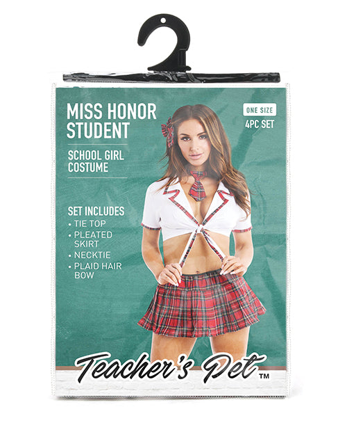 Teacher&#039;s Pet Ms Honor Student School Girl Tie Top, Pleated Skirt, Neck Tie &amp; Hair Bow Red O/S