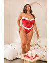 Holiday Santa&#039;s Entourage Boned Velvet Bustier w/Marabou Trim &amp; G-String Red/White 1X/2X