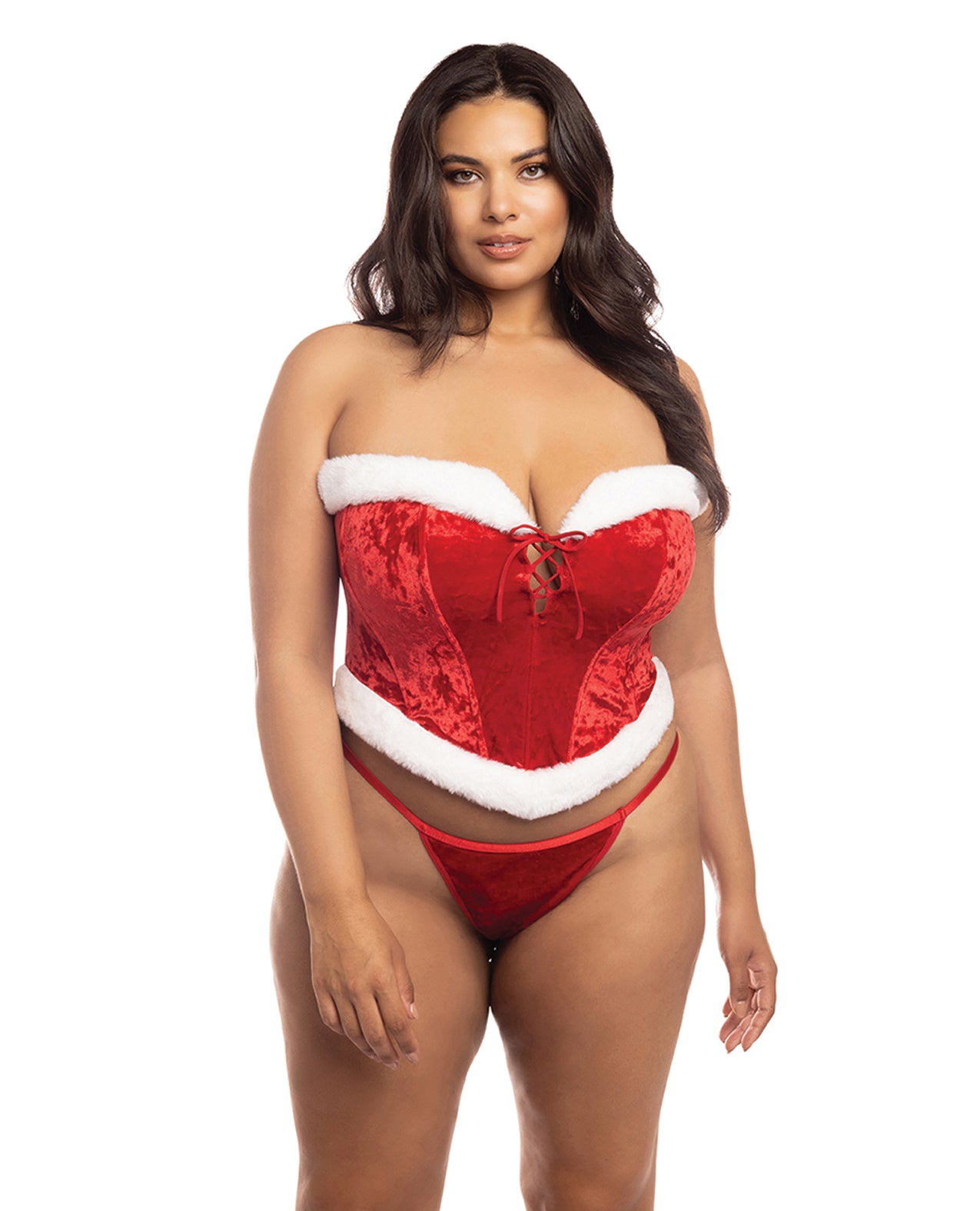Holiday Santa's Entourage Boned Velvet Bustier w/Marabou Trim &amp; G-String Red/White 1X/2X