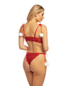 Holiday Mistletoe Kiss Underwire Open Shelf Bra &amp; Panty w/Pom Pom Detail Red/White L/XL