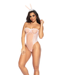 Sexy Bunny Underwire Bodysuit w/Lace Up Back &amp; Head Piece Pink S/M