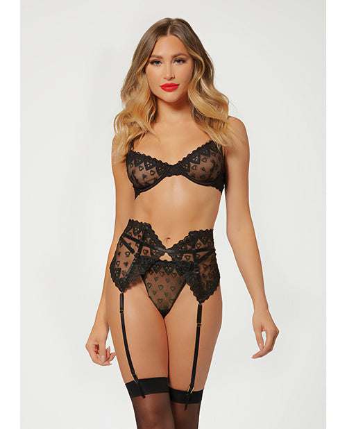 Valentines Heart Embroidered Mesh Bra, Waspie &amp; Panty Black XL
