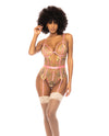 Floral Embroidered Teddy w/Underwire Cup &amp; Garters Pink Small