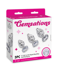Gemsations 3 pc 2.95" + 3.25" + 3.7" Ripple Bling Bling Metal Butt Plug Training Set - Silver