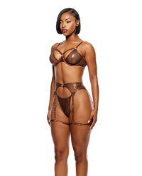Liquid Metal Metallic Mesh Underwire Bra w/Garter Belt G-String 3 pc Set - Metallic Copper XL