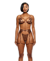 Liquid Metal Metallic Mesh Underwire Bra w/Garter Belt G-String 3 pc Set - Metallic Copper SM