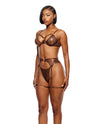 Liquid Metal Metallic Mesh Underwire Bra w/Garter Belt G-String 3 pc Set - Metallic Copper LG