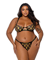 Playboy Gold Foil Mesh &amp; Satin Bralette w/Thong 2 pc Set - Black/Gold 2X