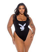 Playboy Scoop Neck Teddy w/Thong Back &amp; Bunny Logo - Black/Lavender 2X
