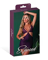 Leather &amp; Lace Stretch Mesh and Lace Chemise w/Thong 2 pc Set - Plum L/XL
