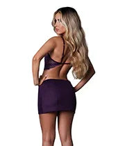 Leather &amp; Lace Stretch Mesh and Lace Chemise w/Thong 2 pc Set - Plum L/XL