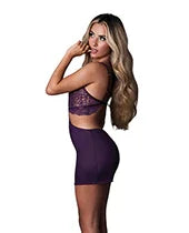 Leather &amp; Lace Stretch Mesh and Lace Chemise w/Thong 2 pc Set - Plum L/XL