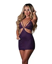 Leather &amp; Lace Stretch Mesh and Lace Chemise w/Thong 2 pc Set - Plum L/XL