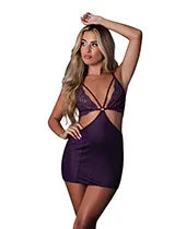 Leather &amp; Lace Stretch Mesh and Lace Chemise w/Thong 2 pc Set - Plum L/XL