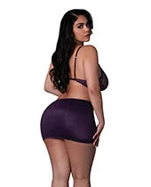 Leather &amp; Lace Stretch Mesh and Lace Chemise w/Thong 2 pc Set - Plum 2X
