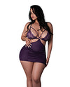 Leather &amp; Lace Stretch Mesh and Lace Chemise w/Thong 2 pc Set - Plum 2X