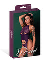 Leather &amp; Lace Stretch Mesh and Lace Underboob Cutout Corset &amp; Panty 2 pc Set - Plum S/M