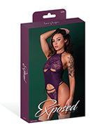 Leather &amp; Lace Stretch Mesh and Lace Underboob Cutout Corset &amp; Panty 2 pc Set - Plum S/M