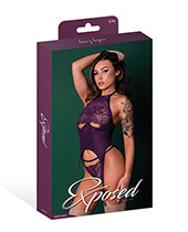 Leather &amp; Lace Stretch Mesh and Lace Underboob Cutout Corset &amp; Panty 2 pc Set - Plum S/M