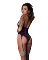 Leather &amp; Lace Stretch Mesh and Lace Underboob Cutout Corset &amp; Panty 2 pc Set - Plum L/XL