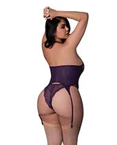 Leather &amp; Lace Stretch Mesh and Lace Underboob Cutout Corset &amp; Panty 2 pc Set - Plum 2X