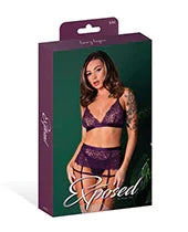 Leather &amp; Lace Stretch Mesh and Lace Bralette w/Garter &amp; Thong 3 pc Set - Plum S/M