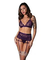 Leather &amp; Lace Stretch Mesh and Lace Bralette w/Garter &amp; Thong 3 pc Set - Plum S/M