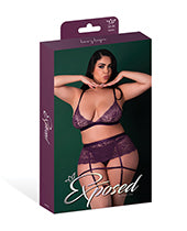 Leather &amp; Lace Stretch Mesh and Lace Bralette w/Garter &amp; Thong 3 pc Set - Plum 2X
