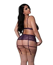 Leather &amp; Lace Stretch Mesh and Lace Bralette w/Garter &amp; Thong 3 pc Set - Plum 2X