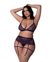 Leather &amp; Lace Stretch Mesh and Lace Bralette w/Garter &amp; Thong 3 pc Set - Plum 2X