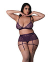 Leather &amp; Lace Stretch Mesh and Lace Bralette w/Garter &amp; Thong 3 pc Set - Plum 2X